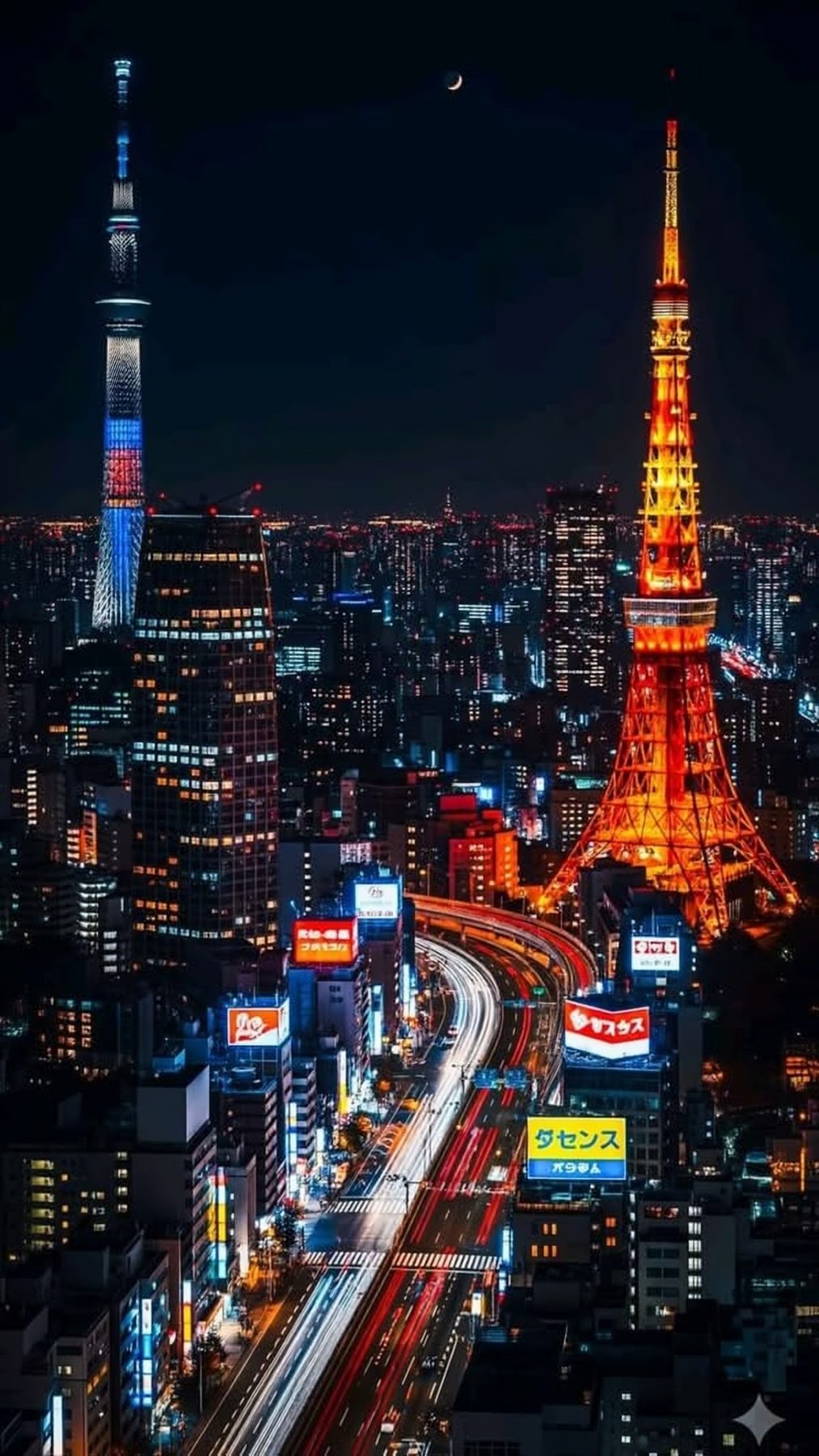Tokyo la nuit, avec la tour de Tokyo et le Skytree