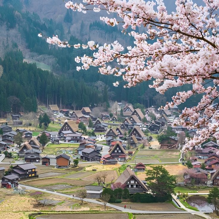 Le village de maisons à toit de chaume de Shirakawa-go, près de Takayama, sous des cerisiers en fleurs